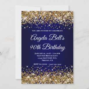 Gold Glitter Navy Blau Ombre 90. Geburtstag Einladung