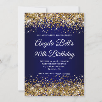 Gold Glitter Navy Blau Ombre 90. Geburtstag Einladung