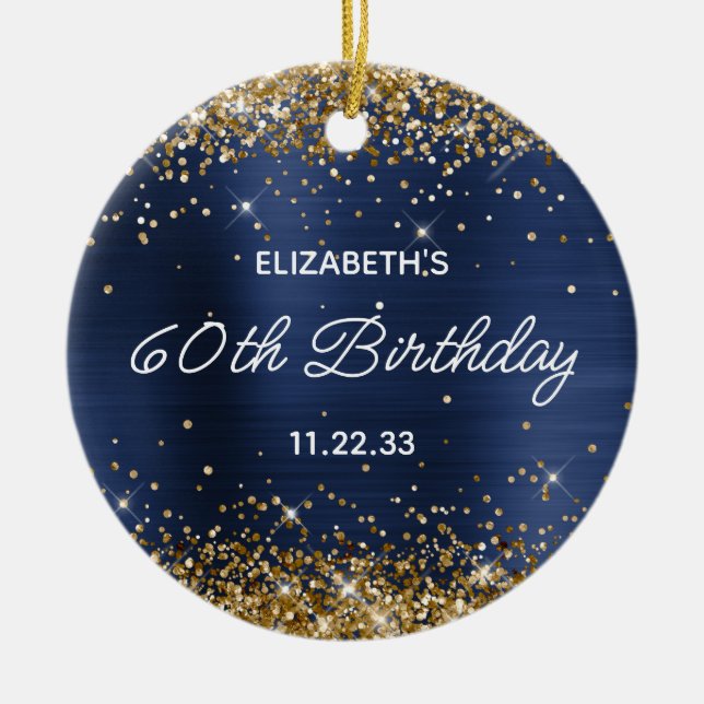 Gold Glitter Navy Blue Foil 60th Birthday Photo Keramik Ornament (Vorne)