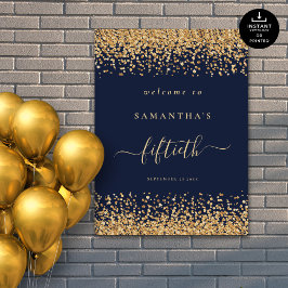 Gold Glitter Navy Blue Script Welcome 50th Party Poster