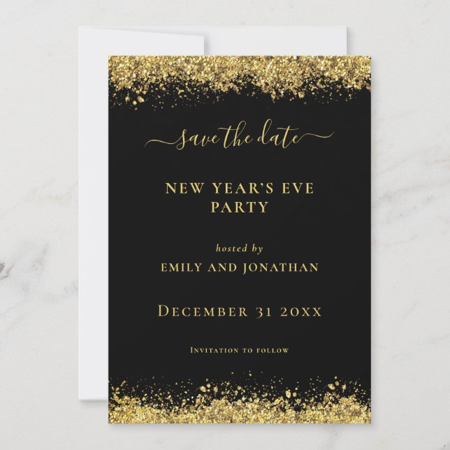 Gold Glitter New Year Party Black Save Date card Einladung (Vorderseite)