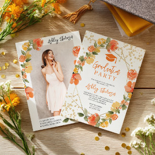 Gold Glitter Orange Gelb Blumenfoto Abschlussfeier Einladung