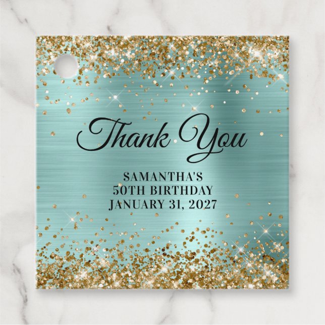 Gold Glitter Pale Turqoise 50th Birthday Thank You Geschenkanhänger (Vorderseite)