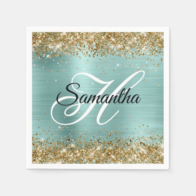 Gold Glitter Pale Turquoise Foil Monogram Serviette (Vorderseite)
