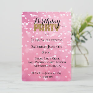 Gold Glitter Party Pink Weiße Herzen Geburtstag  Einladung
