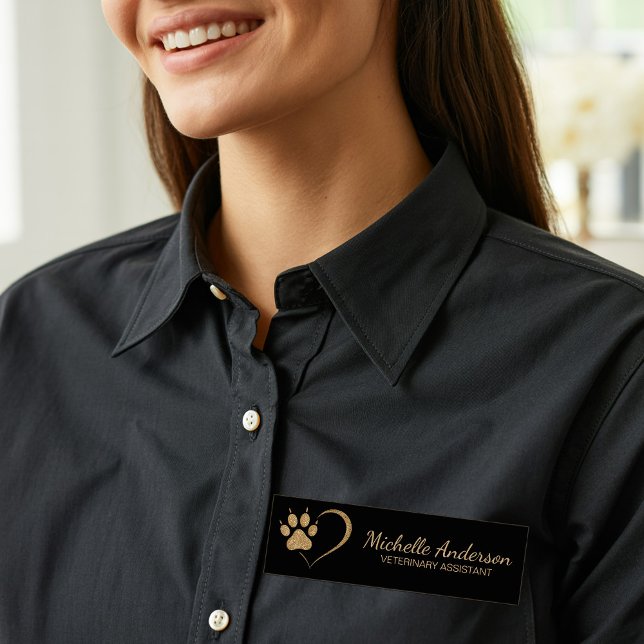 Gold glitter Paw Heart Veterinary Vet Business   Namensschild (Von Creator hochgeladen)