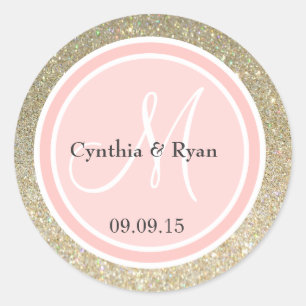 Gold Glitter & Petal Pink Hochzeitsmonogramm Runder Aufkleber