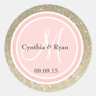 Gold Glitter & Petal Pink Hochzeitsmonogramm Runder Aufkleber