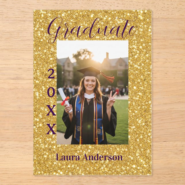 Gold glitter photo graduation add name class text acryleinladungen (Vorderseite)