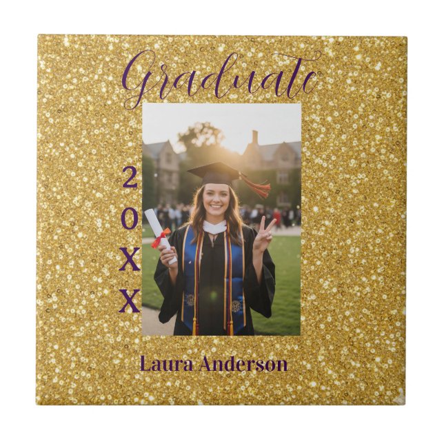 Gold glitter photo graduation add name class text fliese (Vorderseite)