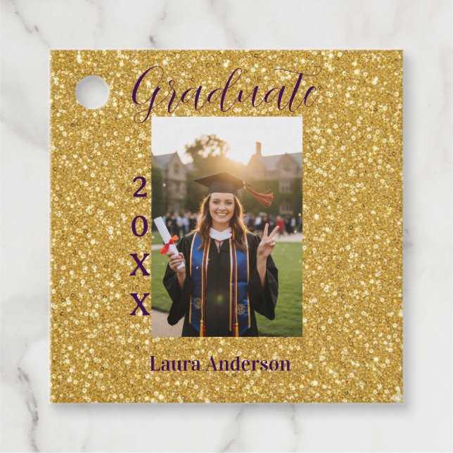 Gold glitter photo graduation add name class text geschenkanhänger (Vorderseite)