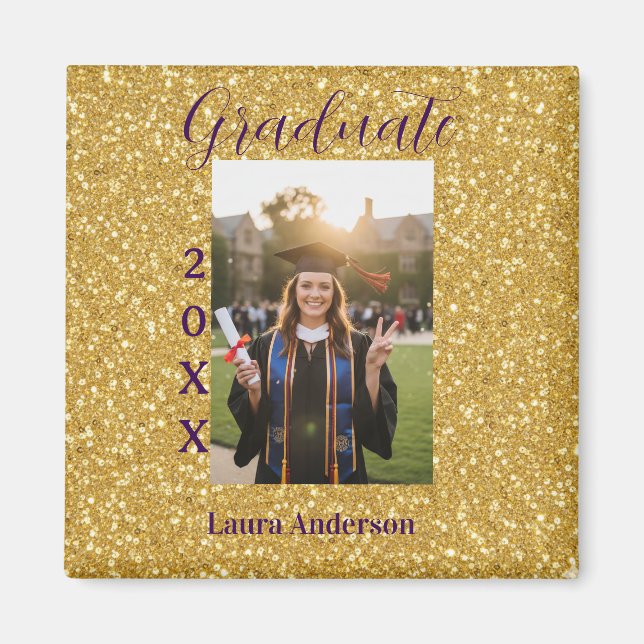 Gold glitter photo graduation add name class text magnet (Vorne)