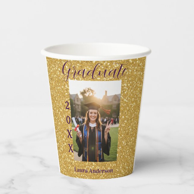 Gold glitter photo graduation add name class text pappbecher (Vorderseite)