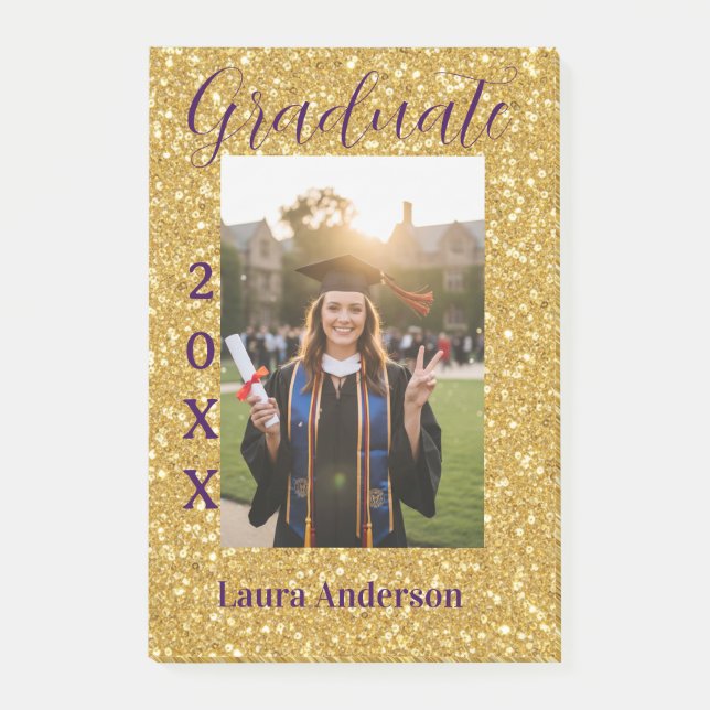 Gold glitter photo graduation add name class text post-it klebezettel (Vorderseite)