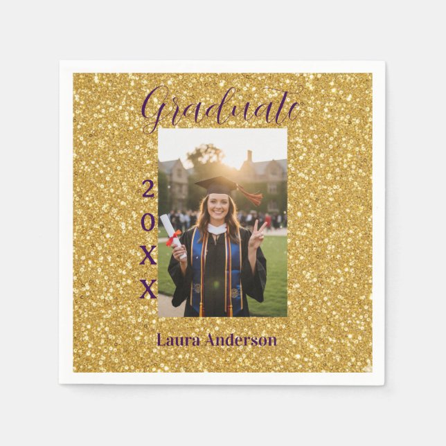 Gold glitter photo graduation add name class text serviette (Vorderseite)
