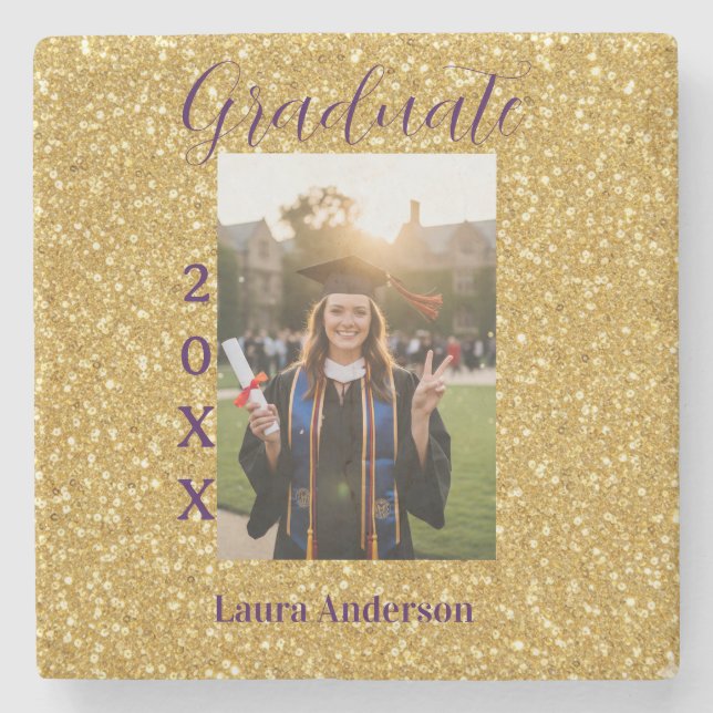 Gold glitter photo graduation add name class text steinuntersetzer (Vorderseite)