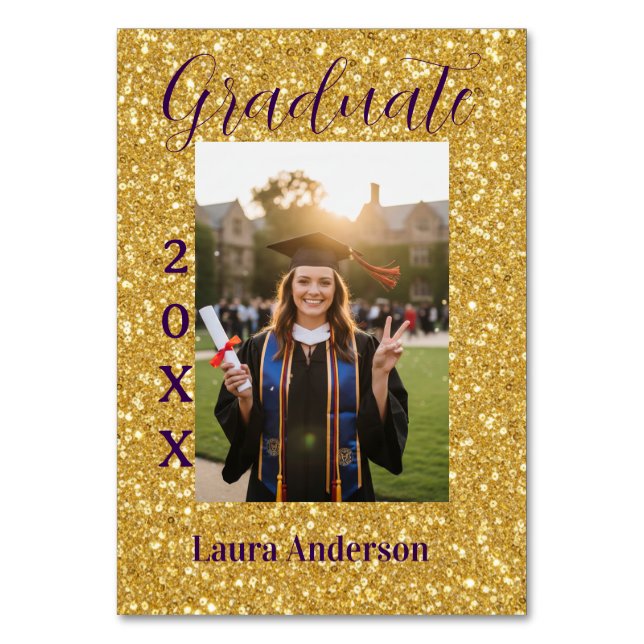 Gold glitter photo graduation add name class text tischnummer (Vorderseite)