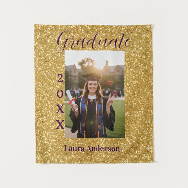 Gold glitter photo graduation add name class text wandteppich (Vorderseite)