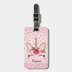 Gold Glitter & Pink Floral Einhorn Trendy Cute Gepäckanhänger