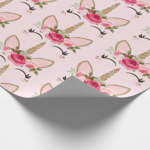 Gold Glitter & Pink Florale Einhorn Geburtstagsfei Geschenkpapier