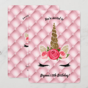 Gold Glitter & Pink Roses Einhorn Geburtstagsfeier Einladung