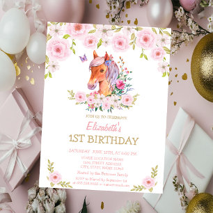Gold Glitter Pony Blumen Geburtstag  Einladung