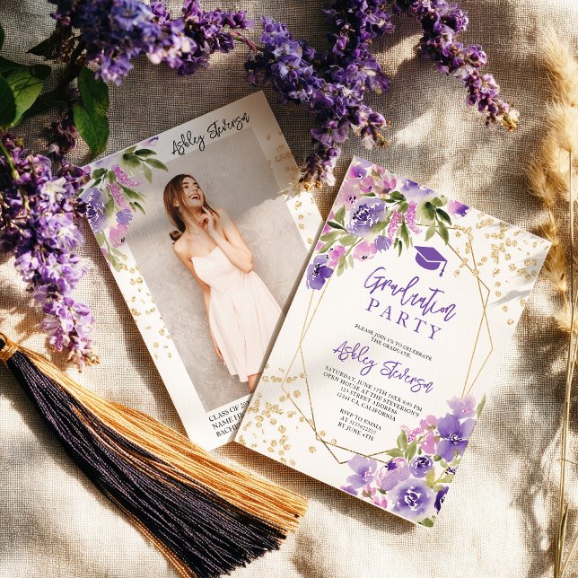 Gold glitter Purple girly floral photo graduation Einladung (Gold glitter Purple girly floral photo graduation Invitation)