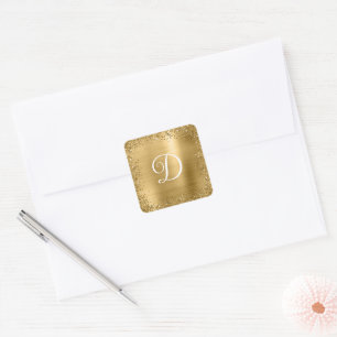 Gold Glitter-Rahmen und Folien-Monogramm Quadratischer Aufkleber