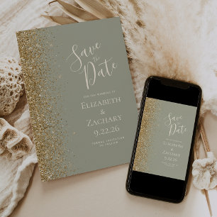Gold Glitter Rand Sage Grün Save the Date Ankündigung