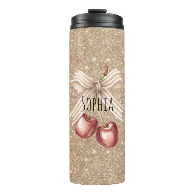 Gold Glitter Red Cherries Thermosbecher (Vorderseite)