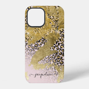 Gold Glitter Rosa Chic Leopard Druck Schrift Name iPhone 12 Hülle