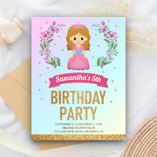 Gold Glitter Rosa Floral Prinzessinnen Geburtstags Einladungspostkarte