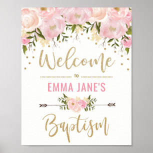Gold Glitter Rosa Florales Tauf Begrüßungsschild Poster