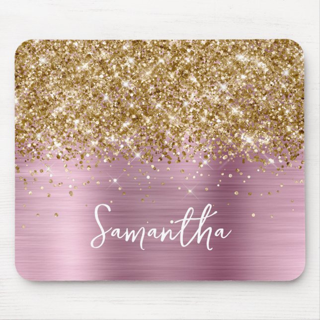 Gold Glitter Rosa Glam Name Mousepad (Vorne)