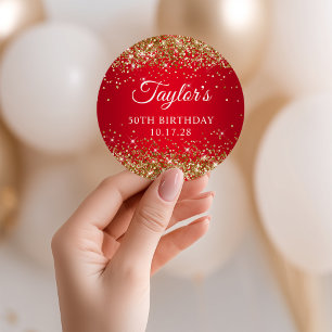Gold Glitter Rot 50. Geburtstag Runder Aufkleber