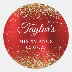 Gold Glitter Rote Folie Mis XV Anos Geburtstag Runder Aufkleber