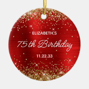 Gold Glitter Roter Folie 75. Geburtstag Keramik Ornament