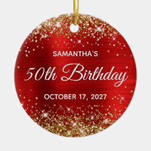 Gold Glitter Roter Folien 50. Geburtstag Keramik Ornament