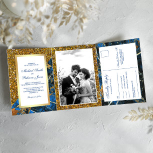 Gold Glitter Royal Blau Marmor Foto Hochzeit Dreifach Gefaltete Einladung