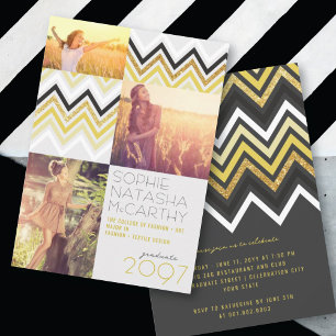 Gold Glitter Schick Chevron Streifen Abschlussfeie Einladung