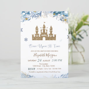 Gold Glitter Schloss, Blaue Blumen, Sterne Einladung