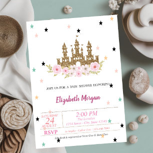 Gold Glitter Schloss, Sterne, Prinzessin Baby Show Einladung