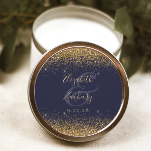 Gold Glitter Schrift Dunkelblaue Hochzeit Runder Aufkleber