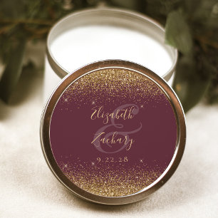 Gold Glitter Schriftzug Burgunder Hochzeit Runder Aufkleber
