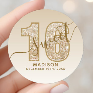 Gold Glitter Schriftzug Sweet 16 Geburtstag Runder Aufkleber