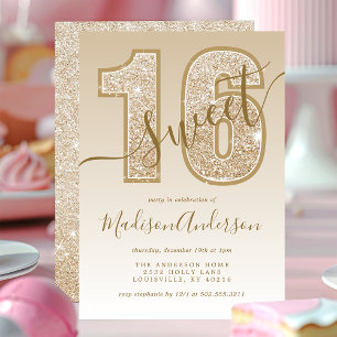 Gold Glitter Schriftzug Sweet 16 Geburtstagsfeier Einladung