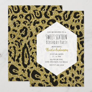Gold Glitter Schwarz Cheetah Leopard Süße 16 Party Einladung