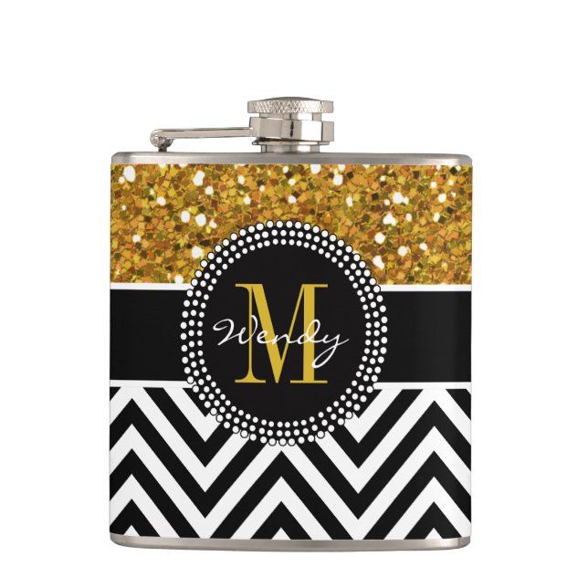 Gold Glitter Schwarz Chevron Muster Monogramm Flachmann (Vorderseite)