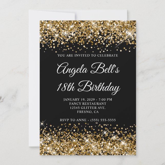 Gold Glitter Schwarz Fancy Monogramm 18. Geburtsta Einladung (Vorderseite)