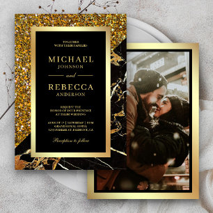 Gold Glitter Schwarz Marmor Foto Hochzeit Einladung